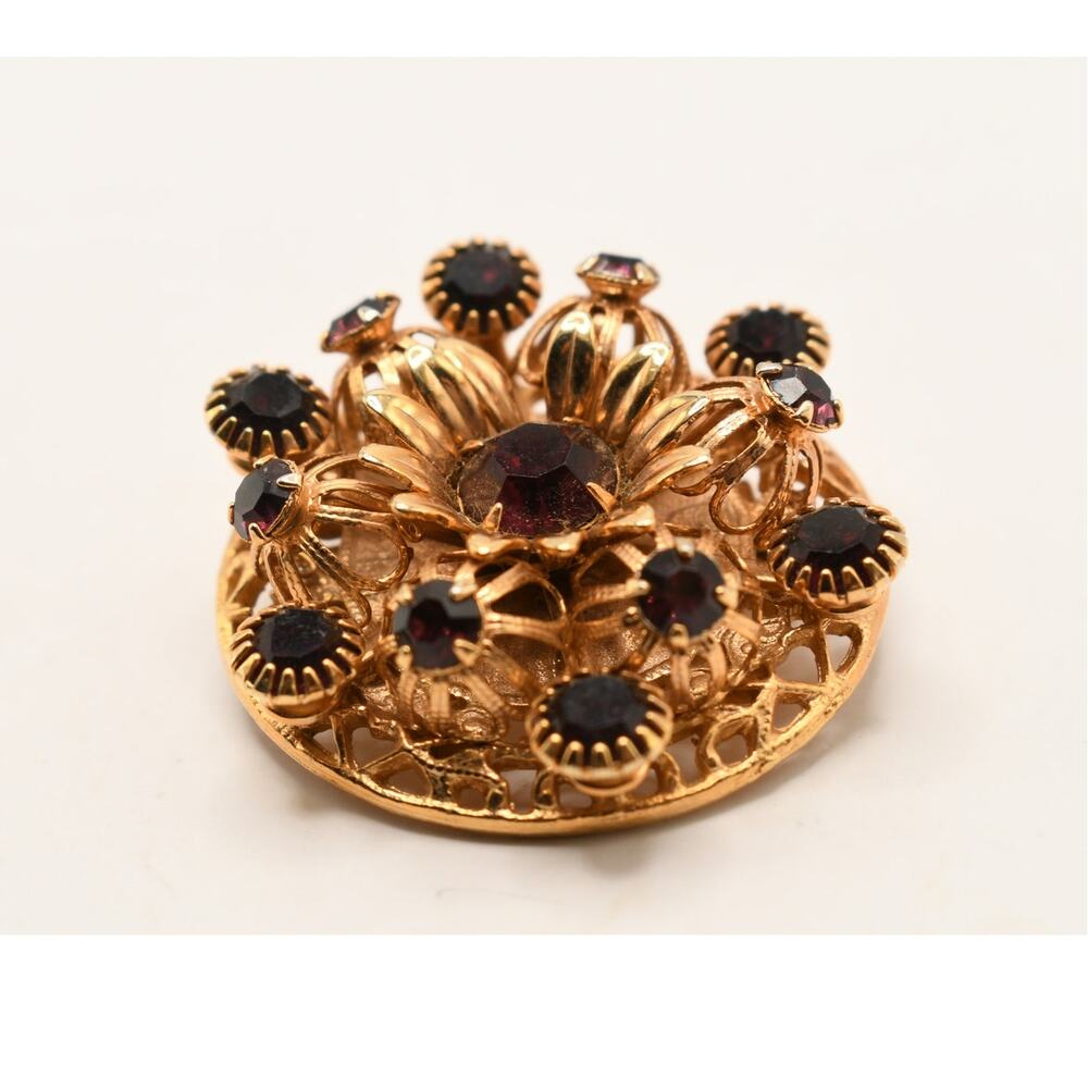 Vintage Garnet Red Rhinestone Floral Brooch Gold Tone Filigree Dimensional
